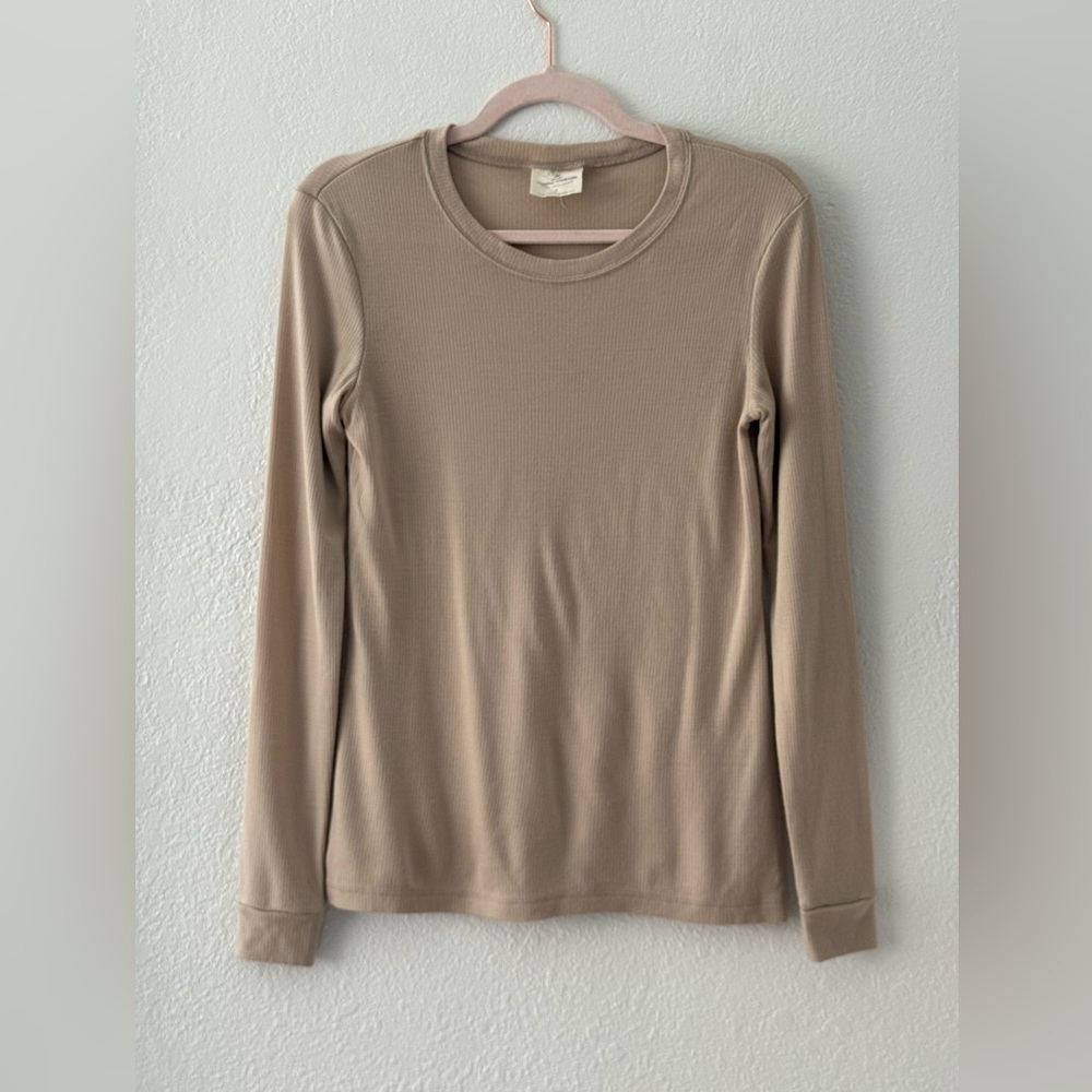 Chasing Windmills Women's Beige Long Sleeve Ribbed Merino Wool Top, Small